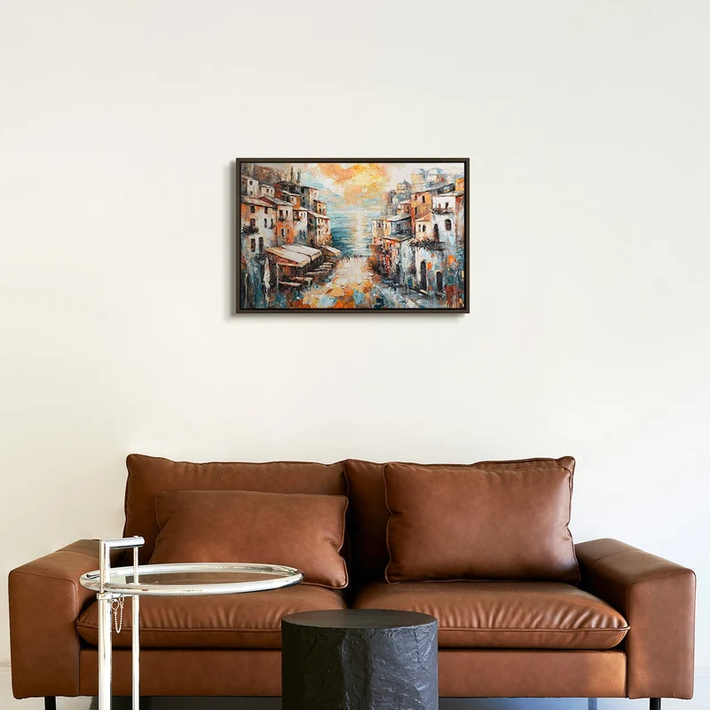 Handgemaltes Meereslandschaft-Gemälde „Stadt am Meer" – 60x40 cm mit Rahmen
