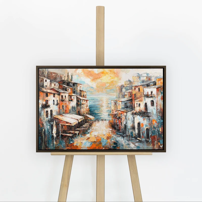 Abstrakte Acrylmalerei mit Rahmen – Moderne Wanddeko "Stadt am Meer"