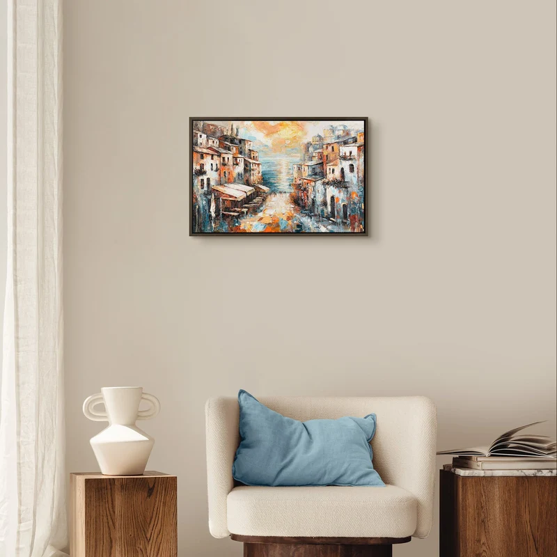 Handgemaltes Meereslandschaft-Gemälde „Stadt am Meer" – 60x40 cm mit Rahmen