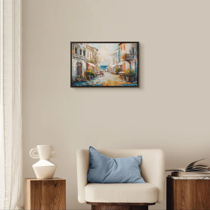 Handgemaltes mediterranes Stadtbild „Warme Brise" – 60x40 cm mit Rahmen