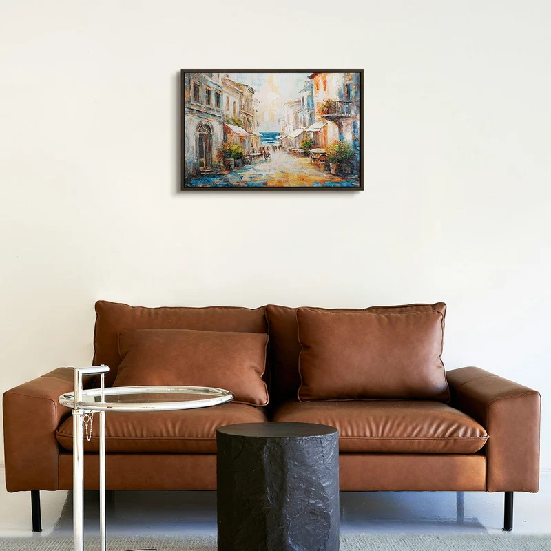 Handgemaltes mediterranes Stadtbild „Warme Brise" – 60x40 cm mit Rahmen