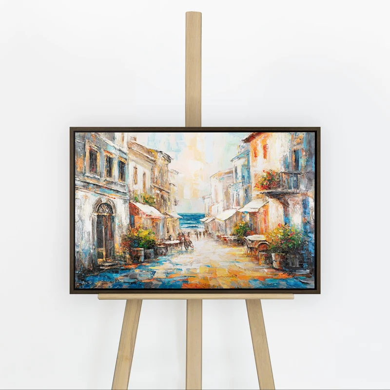 Handgemaltes mediterranes Stadtbild „Warme Brise" – 60x40 cm mit Rahmen