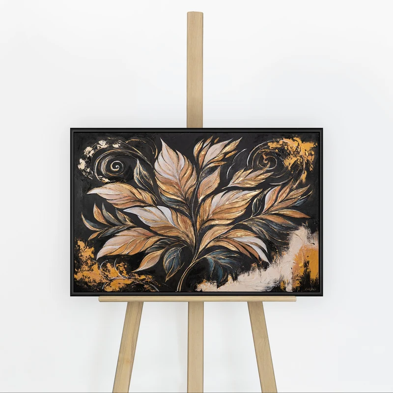 Moderne Acrylbild mit Rahmen - Handgemaltes Wandbild "Goldene Blätter"