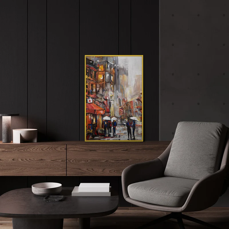 Handgemaltes expressives Stadtbild „Städtische Atmosphäre" – 60x40 cm mit Rahmen