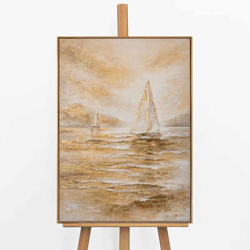 „Goldene Segel" – Maritimes Landschaftsgemälde handgemalt mit Rahmen, 50x70 cm