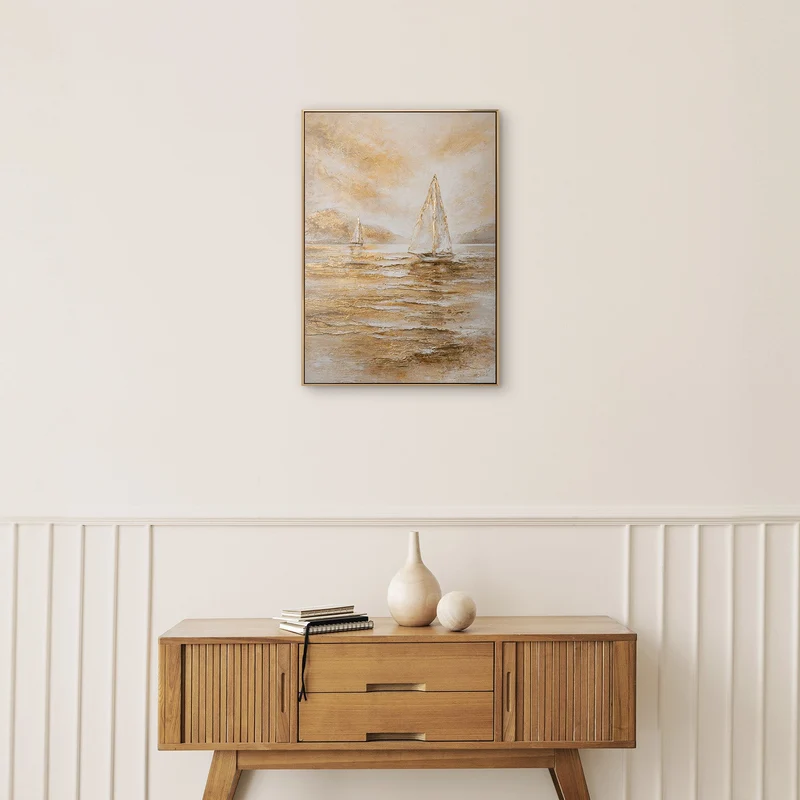 „Goldene Segel" – Maritimes Landschaftsgemälde handgemalt mit Rahmen, 50x70 cm