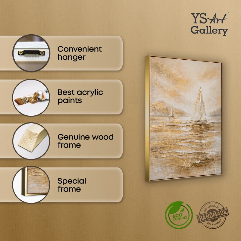 „Goldene Segel" – Maritimes Landschaftsgemälde handgemalt mit Rahmen, 50x70 cm