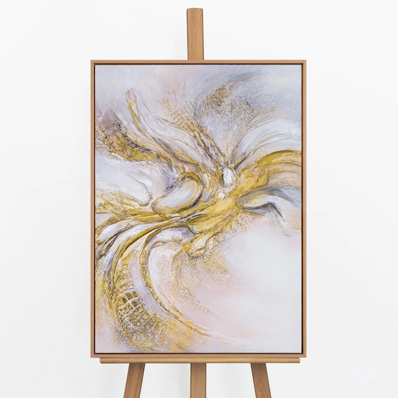„Goldene Spirale" – Organisches Acrylgemälde handgemalt mit Rahmen, 50x70 cm Hochformat