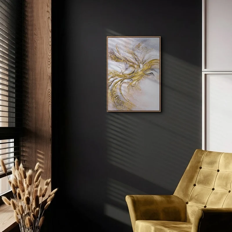 „Goldene Spirale" – Organisches Acrylgemälde handgemalt mit Rahmen, 50x70 cm Hochformat