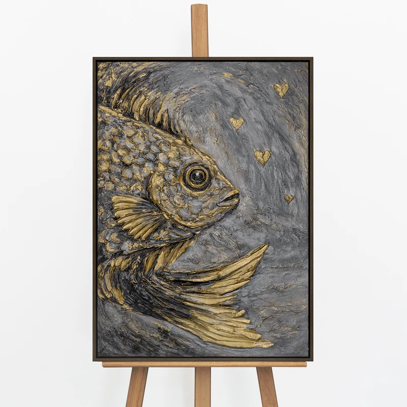 „Goldener Fisch" – Maritimes Tiergemälde handgemalt mit Rahmen, 50x70 cm