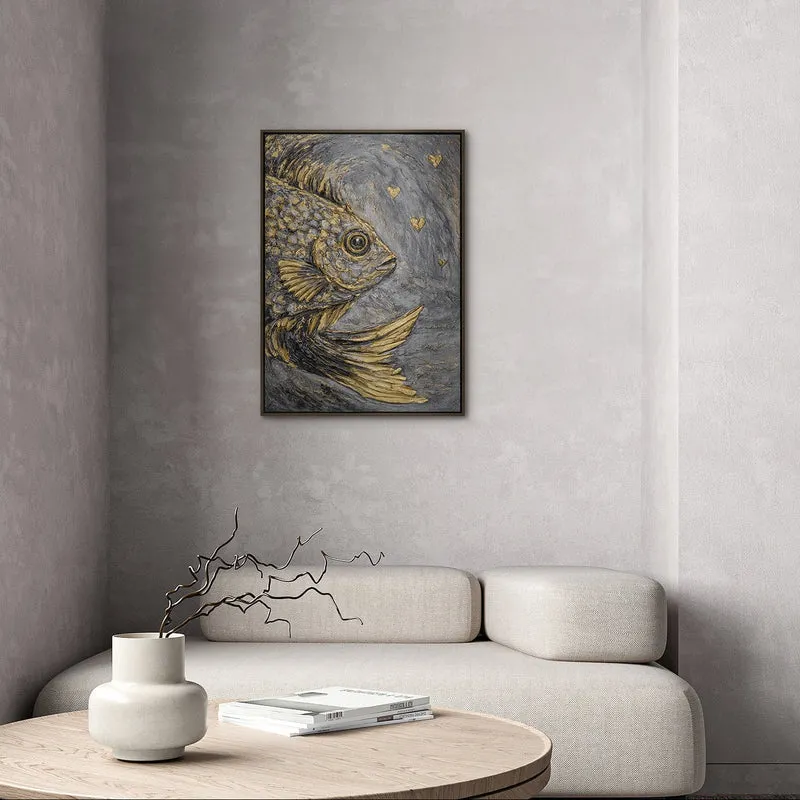„Goldener Fisch" – Maritimes Tiergemälde handgemalt mit Rahmen, 50x70 cm