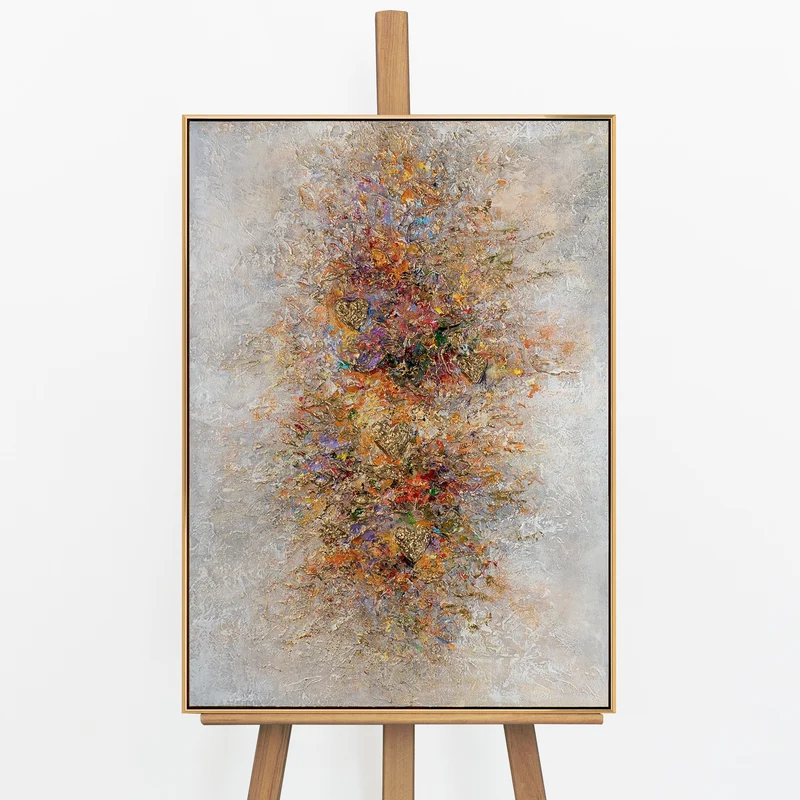 „Goldene Explosion" – Abstraktes Energiebild handgemalt mit Rahmen, 50x70 cm