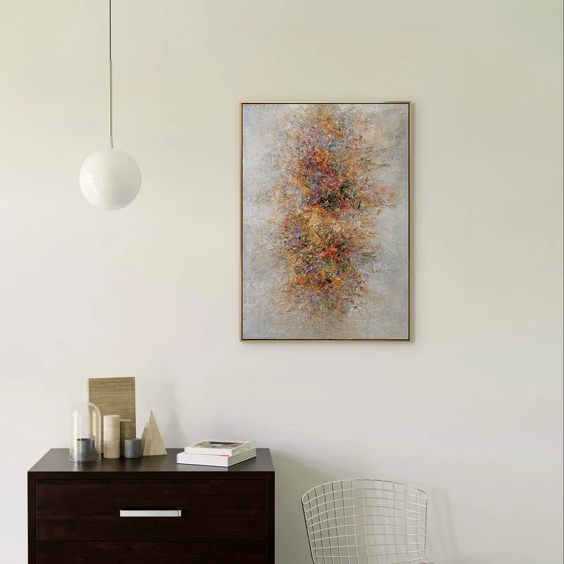 „Goldene Explosion" – Abstraktes Energiebild handgemalt mit Rahmen, 50x70 cm