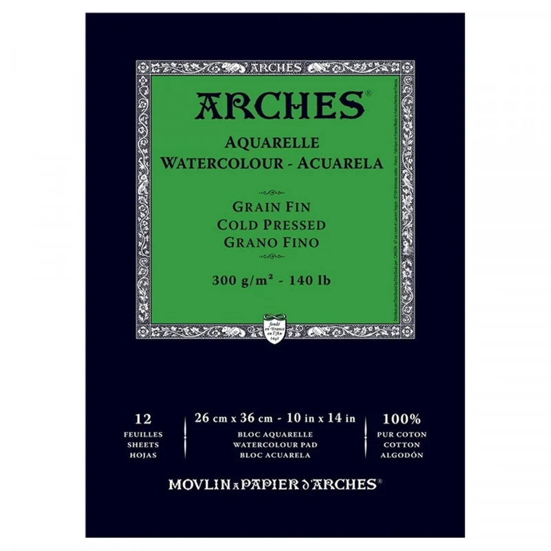 Arches - Watercolour paper - Gummed Pad - 140lb-300gsm 10" x 14" - NOT-CP 12 sheets