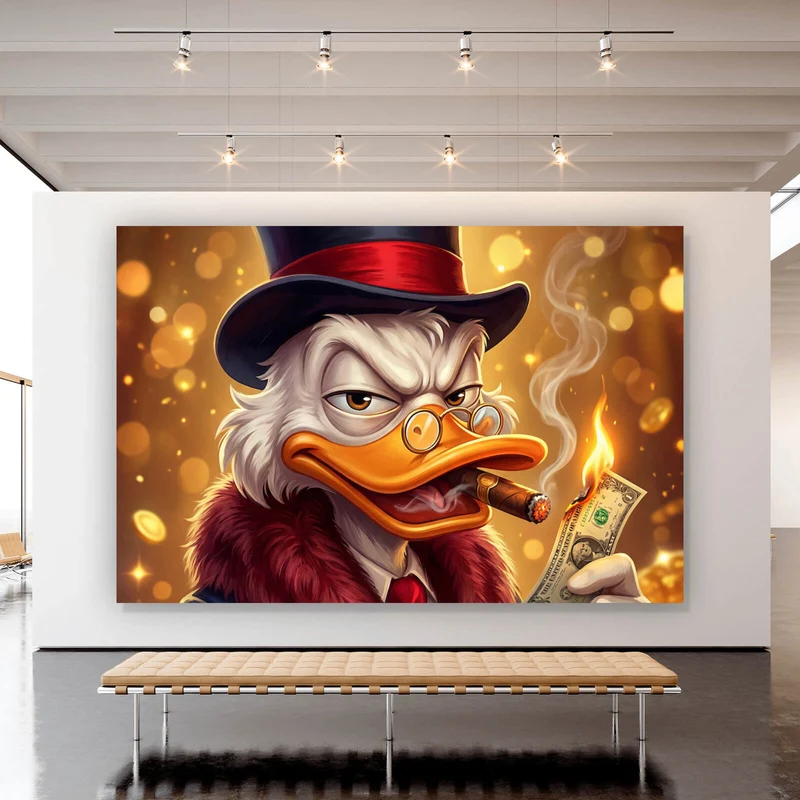Aluminiumbild gebürstet Erfolgreicher Mc Duck mit Zigarre Querformat