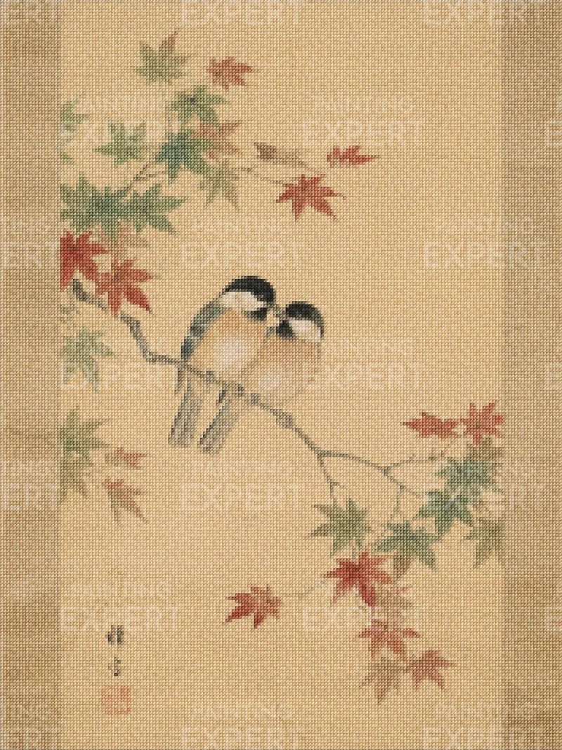 Diamond Painting Zwei Vögel zwischen Ahornblättern (Herbst) Japan