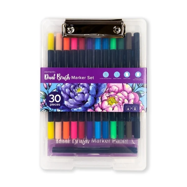Elements - Waterbased Ink 12x Dual Tip Markers with 6x8" (15x20cm) Paper & Clipboard
