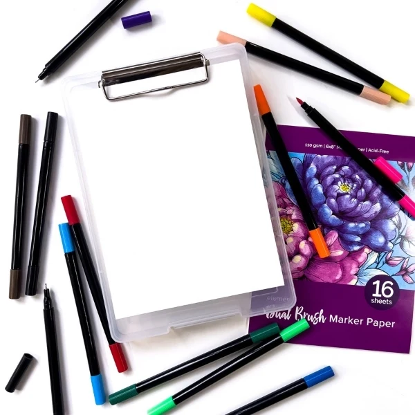 Elements - Waterbased Ink 12x Dual Tip Markers with 6x8" (15x20cm) Paper & Clipboard