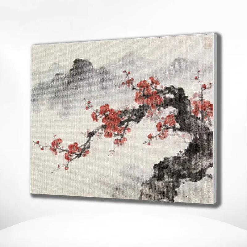 Diamond Painting Kirschblüten vor nebelverhangenen Berggipfeln – Japandi-Panorama Japan