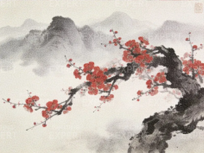 Diamond Painting Kirschblüten vor nebelverhangenen Berggipfeln – Japandi-Panorama Japan