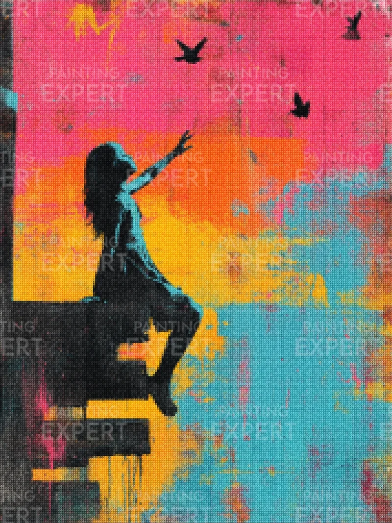 Diamond Painting Banksy farbenfroh – Mädchen mit Vögeln