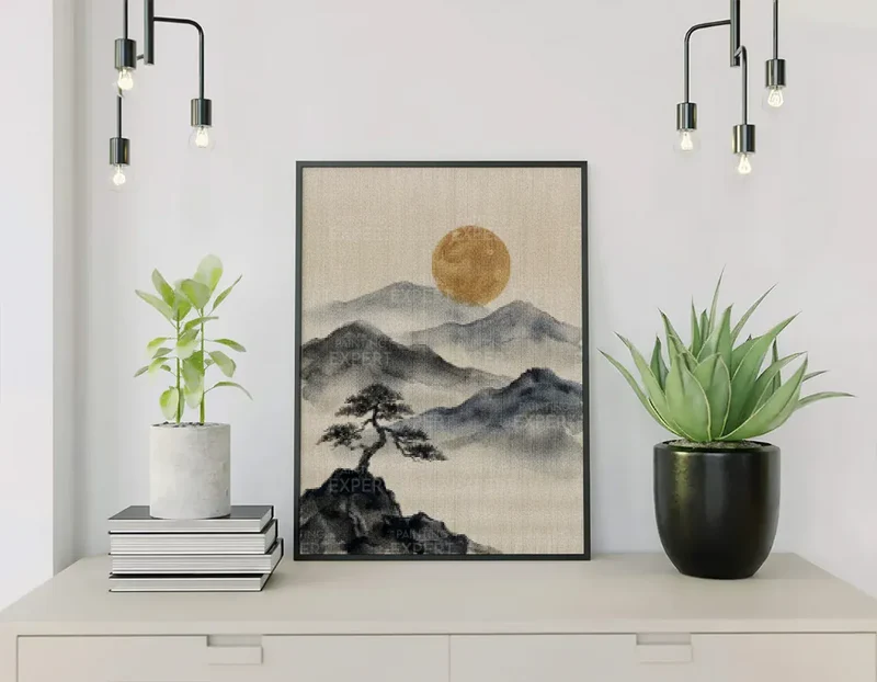 Diamond Painting Berge in Tinte mit goldenem Mond Japan