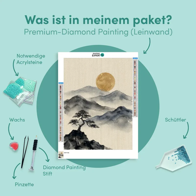 Diamond Painting Berge in Tinte mit goldenem Mond Japan