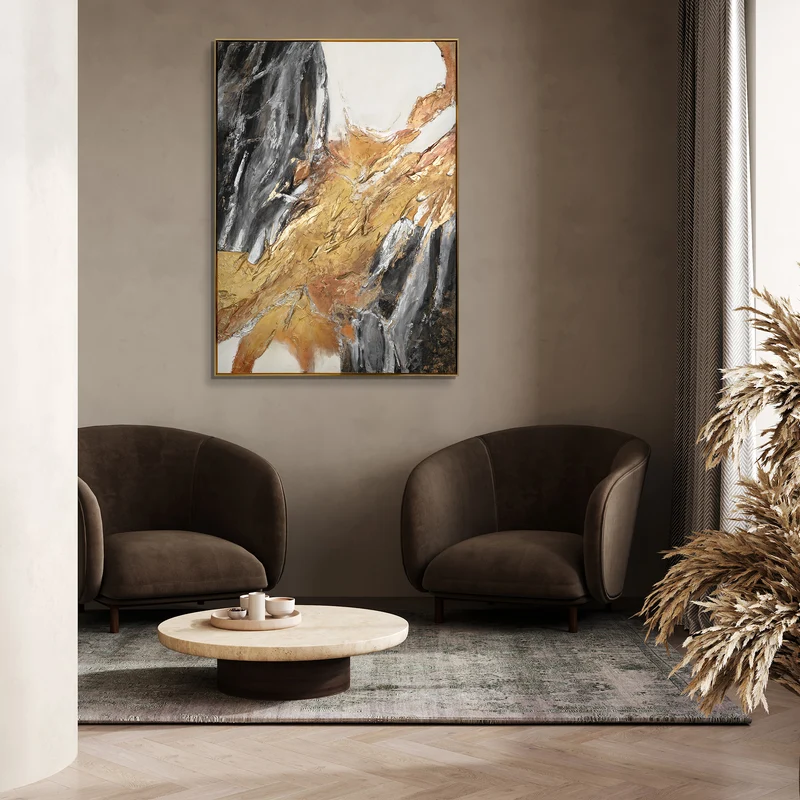 Wandbilder Wohnzimmer Modern Acryl Malerei mit Rahmen - Goldene Symphonie