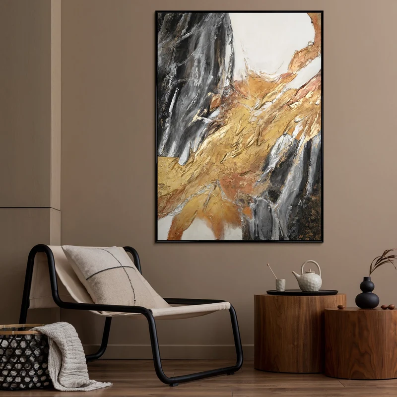 Wandbilder Wohnzimmer Modern Acryl Malerei mit Rahmen - Goldene Symphonie