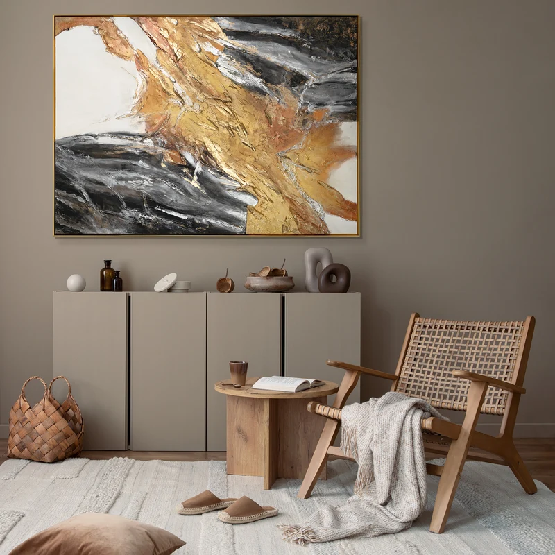Wandbilder Wohnzimmer Modern Acryl Malerei mit Rahmen - Goldene Symphonie