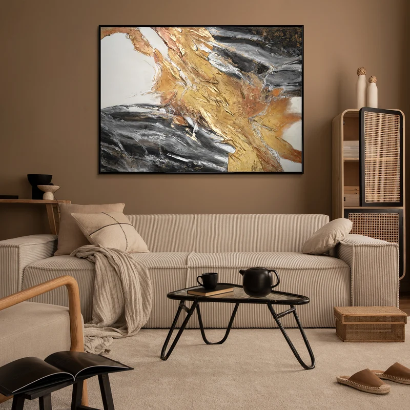 Wandbilder Wohnzimmer Modern Acryl Malerei mit Rahmen - Goldene Symphonie