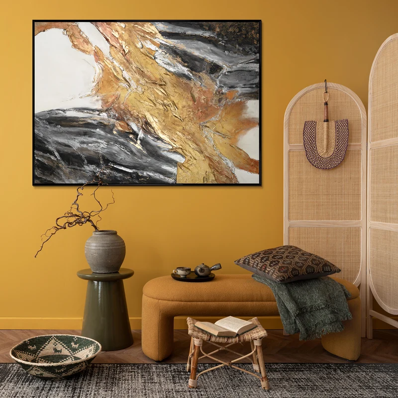 Wandbilder Wohnzimmer Modern Acryl Malerei mit Rahmen - Goldene Symphonie