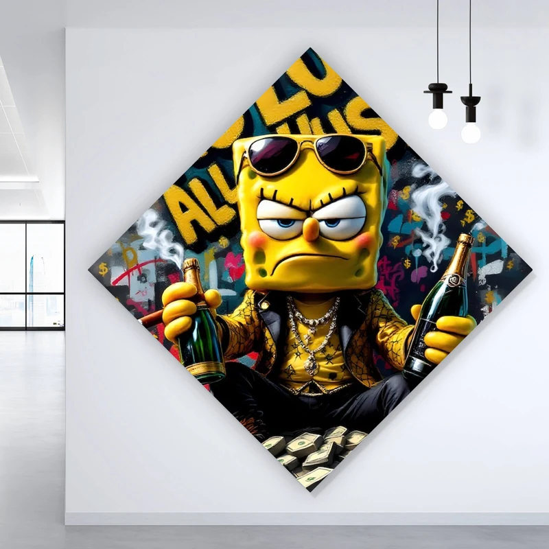 Leinwandbild Figur mit Geld und Flaschen No Luck all Hustle Raute