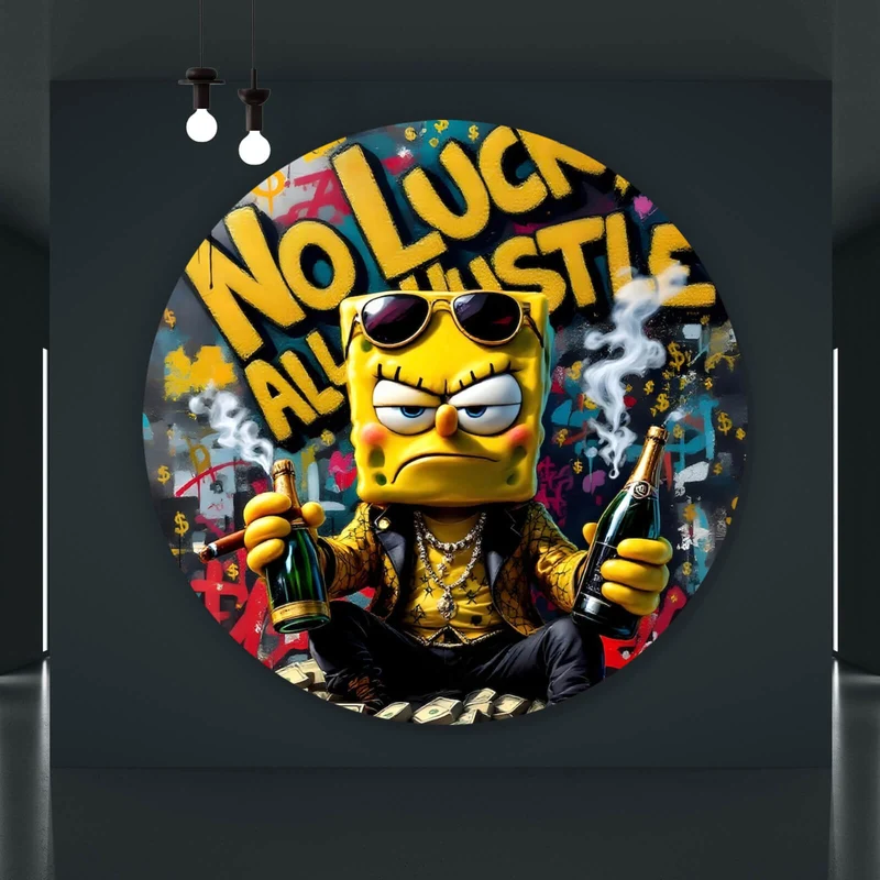Aluminiumbild gebürstet Figur mit Geld und Flaschen No Luck all Hustle Kreis