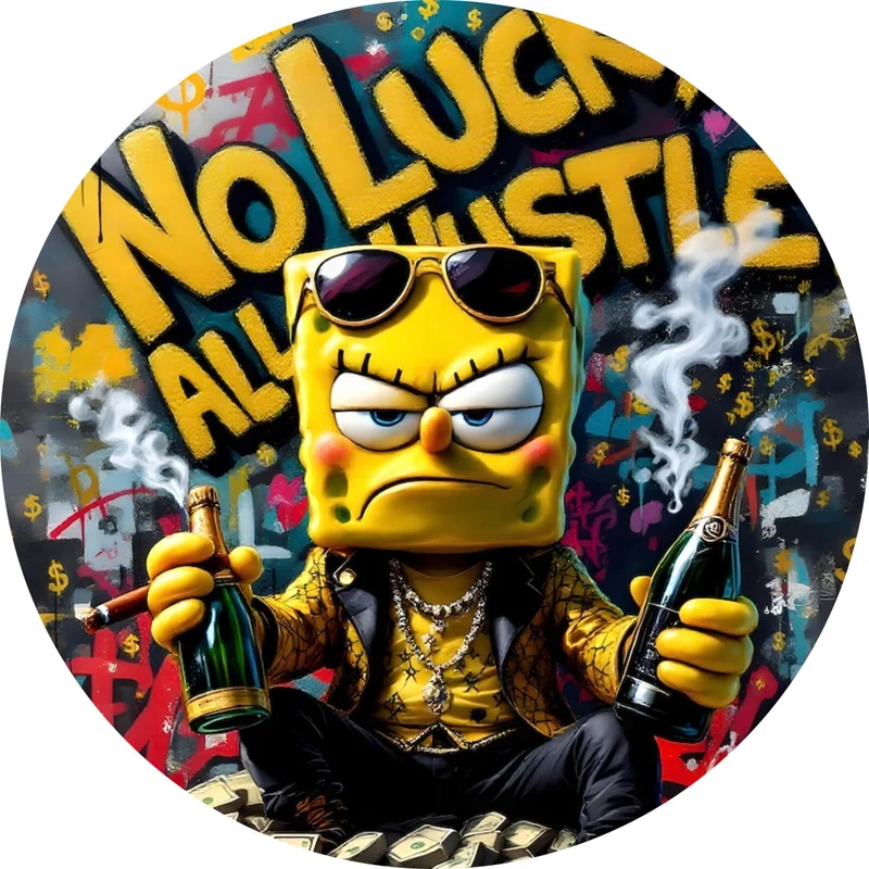 Aluminiumbild gebürstet Figur mit Geld und Flaschen No Luck all Hustle Kreis