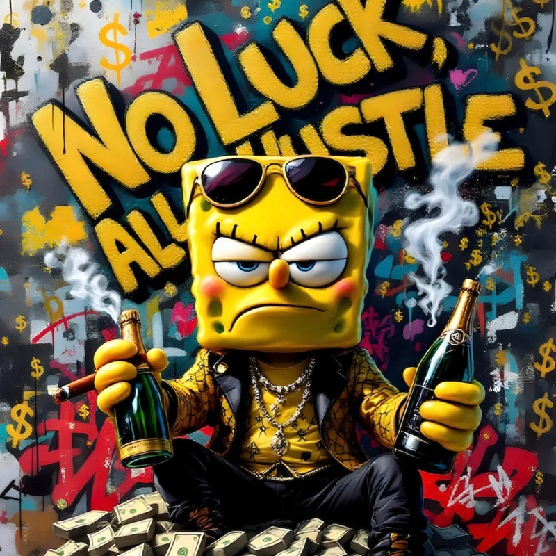 Aluminiumbild gebürstet Figur mit Geld und Flaschen No Luck all Hustle Quadrat