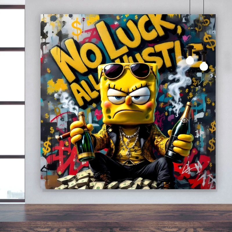 Leinwandbild Figur mit Geld und Flaschen No Luck all Hustle Quadrat