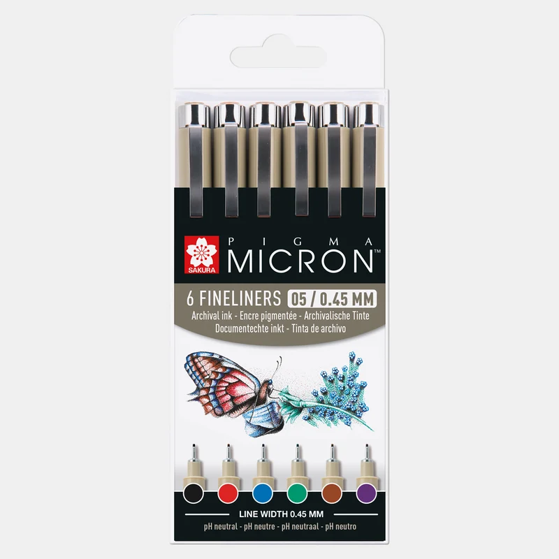 Sakura Pigma Micron 05 Fineliner, 0.45 mm, Set of 6 Colors