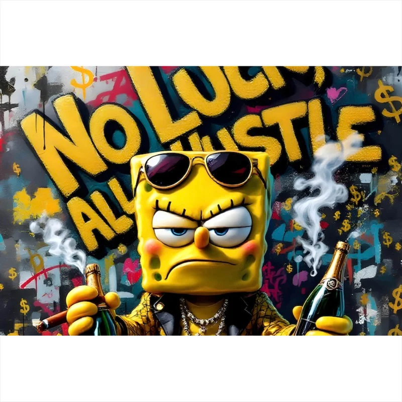 Aluminiumbild gebürstet Figur mit Geld und Flaschen No Luck all Hustle Querformat