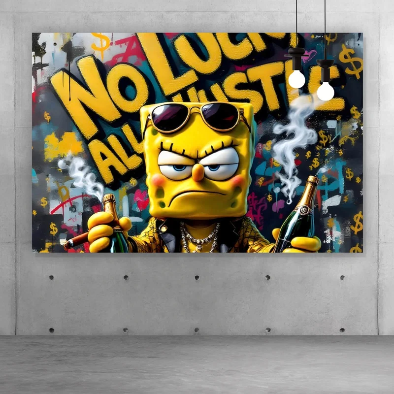 Leinwandbild Figur mit Geld und Flaschen No Luck all Hustle Querformat