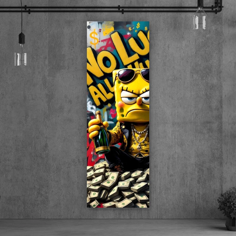 Acrylglasbild Figur mit Geld und Flaschen No Luck all Hustle Panorama Hoch