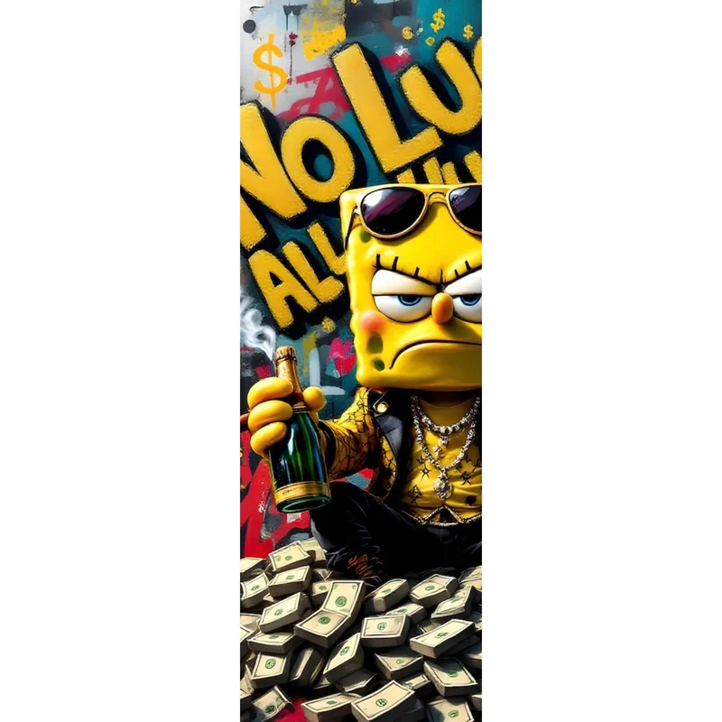 Aluminiumbild gebürstet Figur mit Geld und Flaschen No Luck all Hustle Panorama Hoch