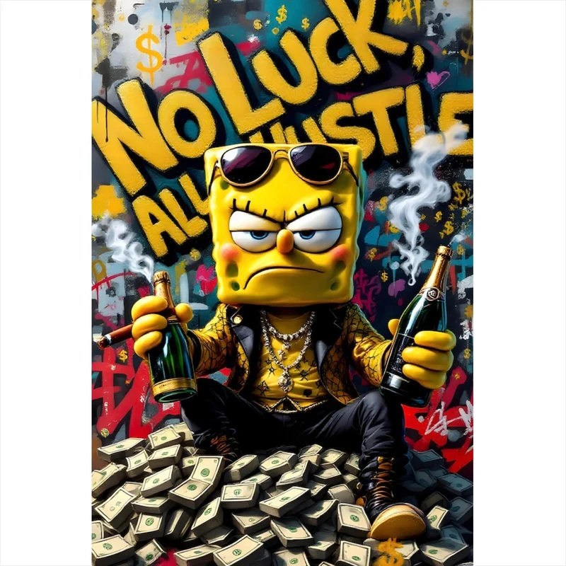 Acrylglasbild Figur mit Geld und Flaschen No Luck all Hustle Hochformat