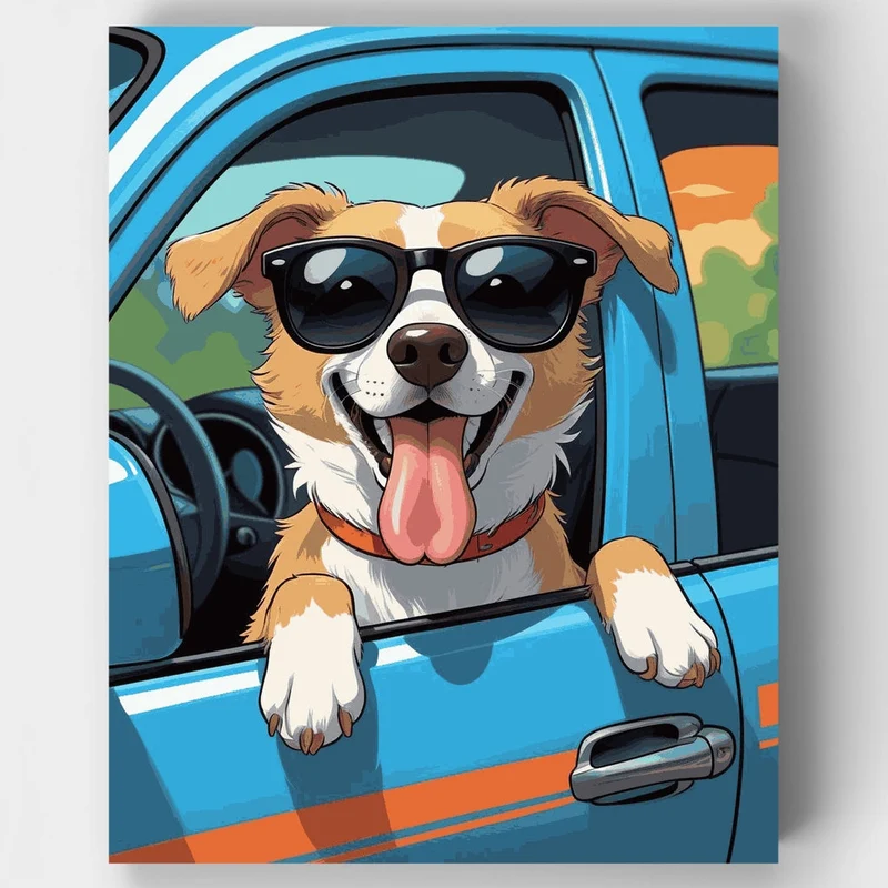 Cool Dog in Blue Car - Paint by Numbers Kit