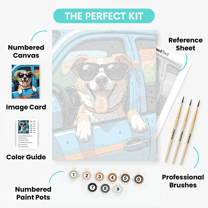 Cool Dog in Blue Car - Paint by Numbers Kit