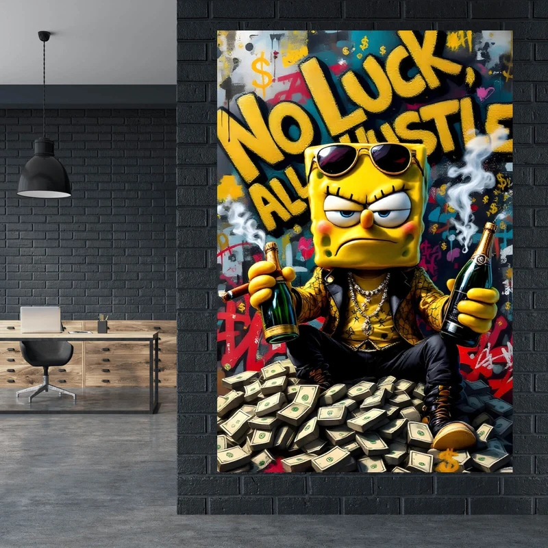 Aluminiumbild Figur mit Geld und Flaschen No Luck all Hustle Hochformat