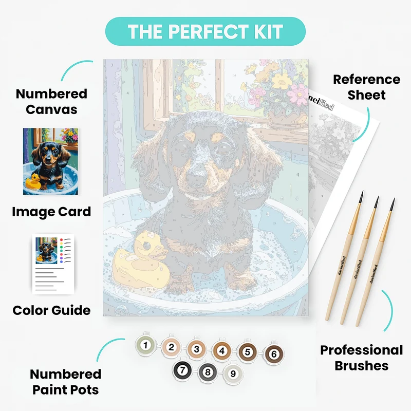 Dachshund Puppy Bath Time with Rubber Duck - Paint by Numbers Kit