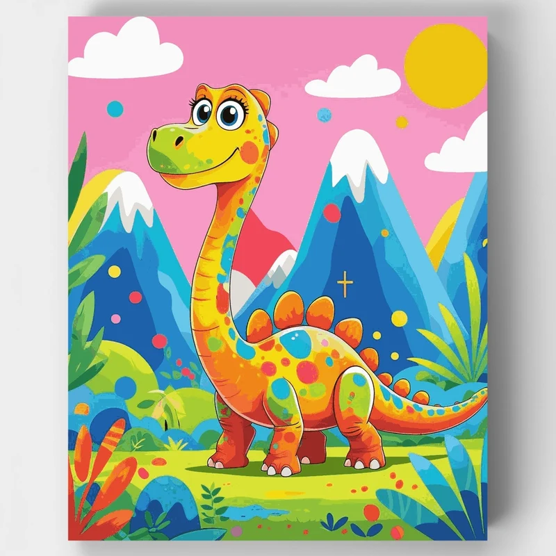 Colorful Cartoon Dinosaur in a Vibrant Prehistoric Landscape - Paint by Numbers Kit