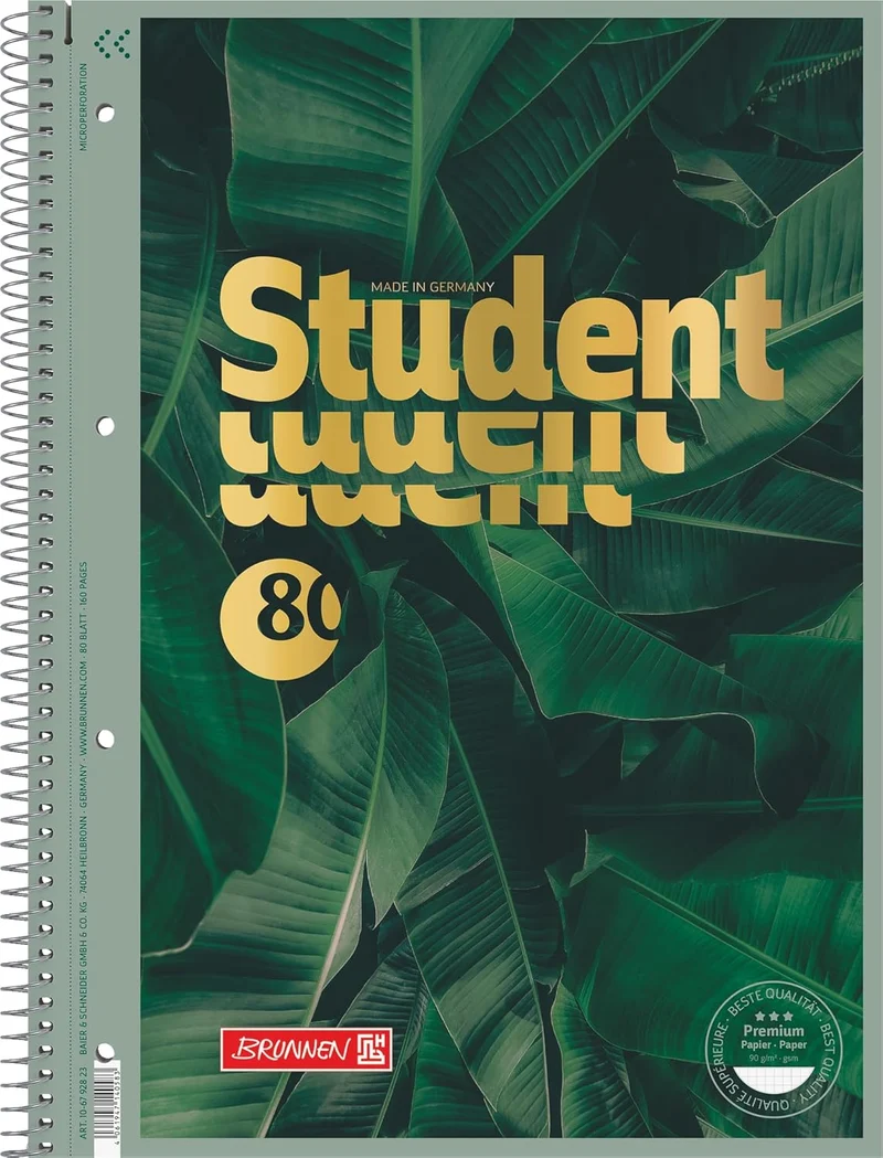 BRUNNEN Premium Collegeblock A4 - Kariert 5mm mit Goldprägung - 80 Blatt Premiumpapier