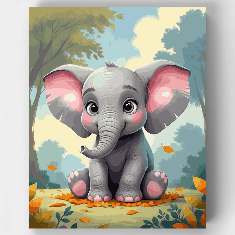 Cute Baby Elephant in Autumn Forest - Paint by Numbers Kit